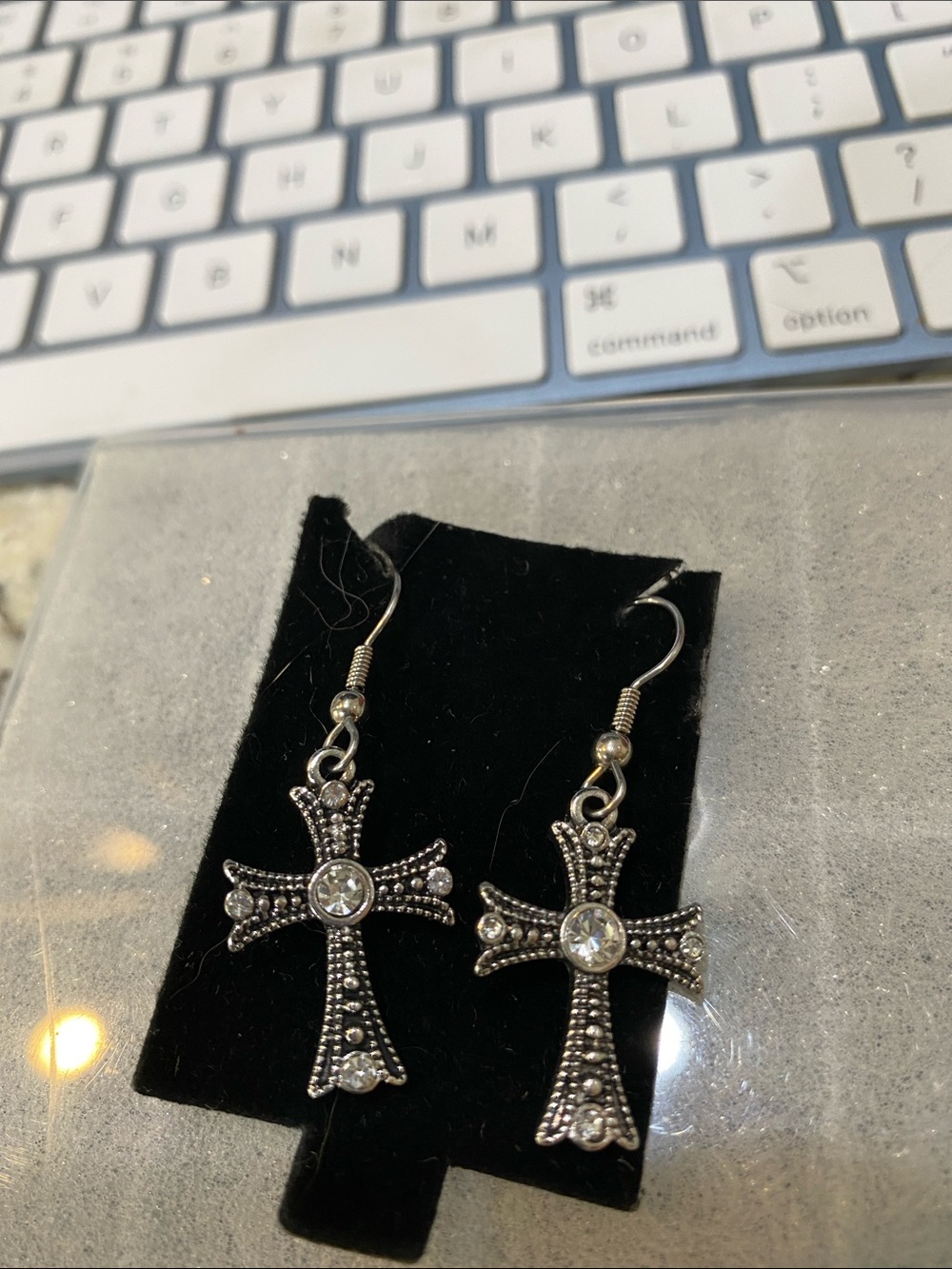 Silver-Tone Rhinestone Cross Dangle Earrings